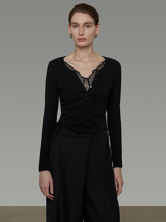 unspoken Viscose Knit Casual Slim Lace Trim Women V-neck Long Sleeve Black Blouses
