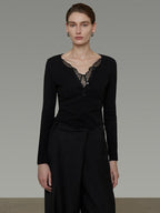 unspoken Viscose Knit Casual Slim Lace Trim Women V-neck Long Sleeve Black Blouses