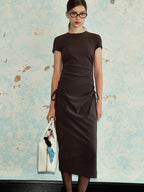 fano Soft Cotton Knit High Waist A Line Button Mock Neck Midi Dresses