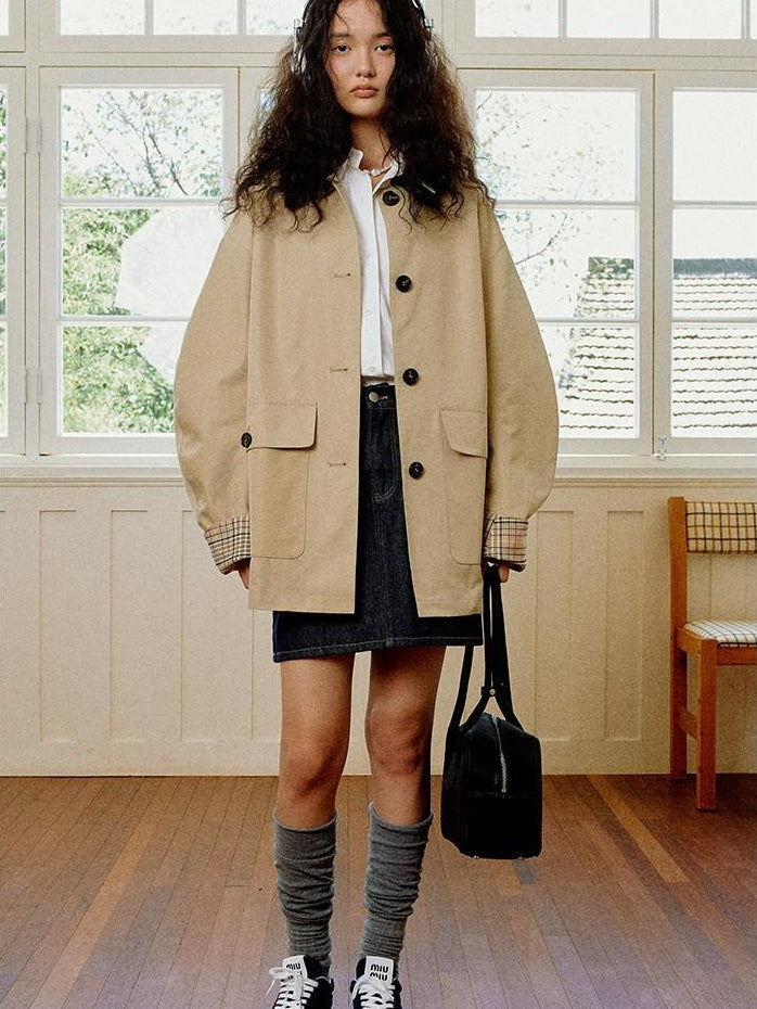 fano Patchwork Plaid Oversized Street Mid Length Cotton Blend Women Trench Coats