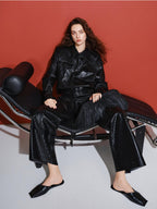 audreyyang Pu Faux Leather Casual Natural Waist Zip Fly Women Straight Pants