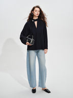 audreyyang Shape Retaining Loose Long Lantern Sleeve Pullover Navy Polyester Women Blouses