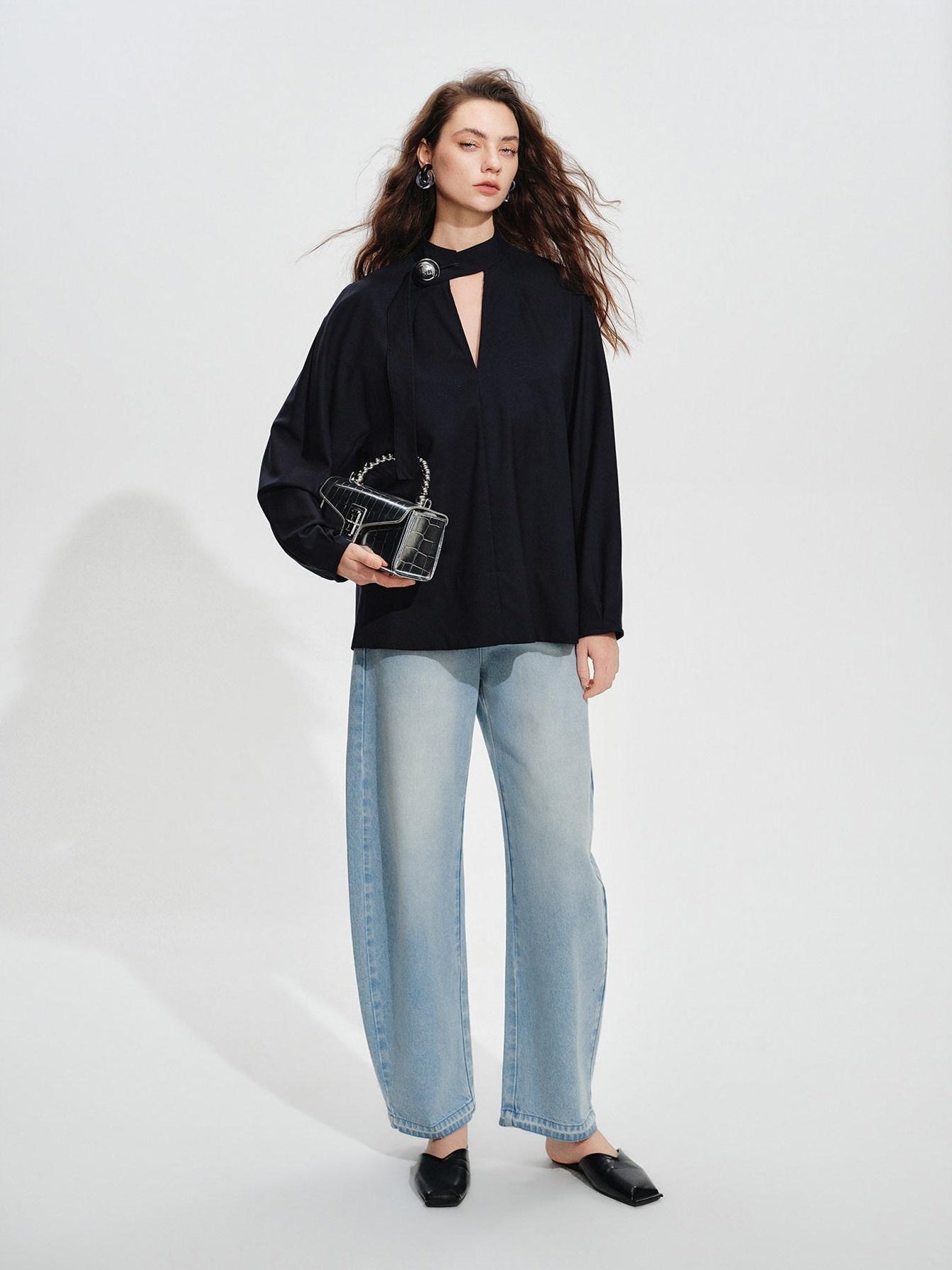 audreyyang Shape Retaining Loose Long Lantern Sleeve Pullover Navy Polyester Women Blouses