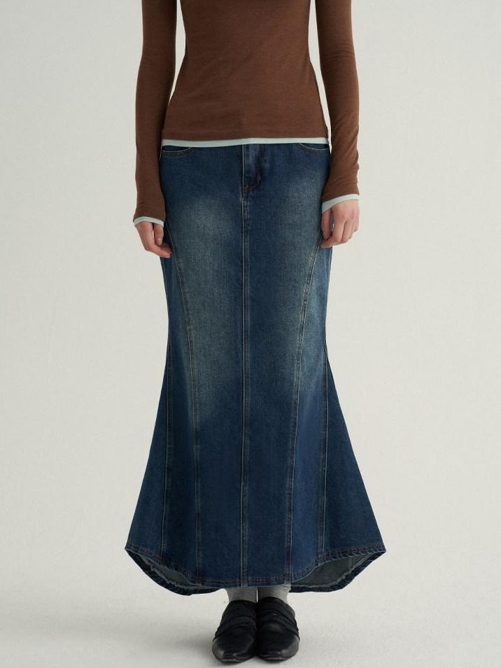 someone sometimes High Cotton Denim Blue Long Sleeve Collared Buttoned Women Top & Skirt Sets