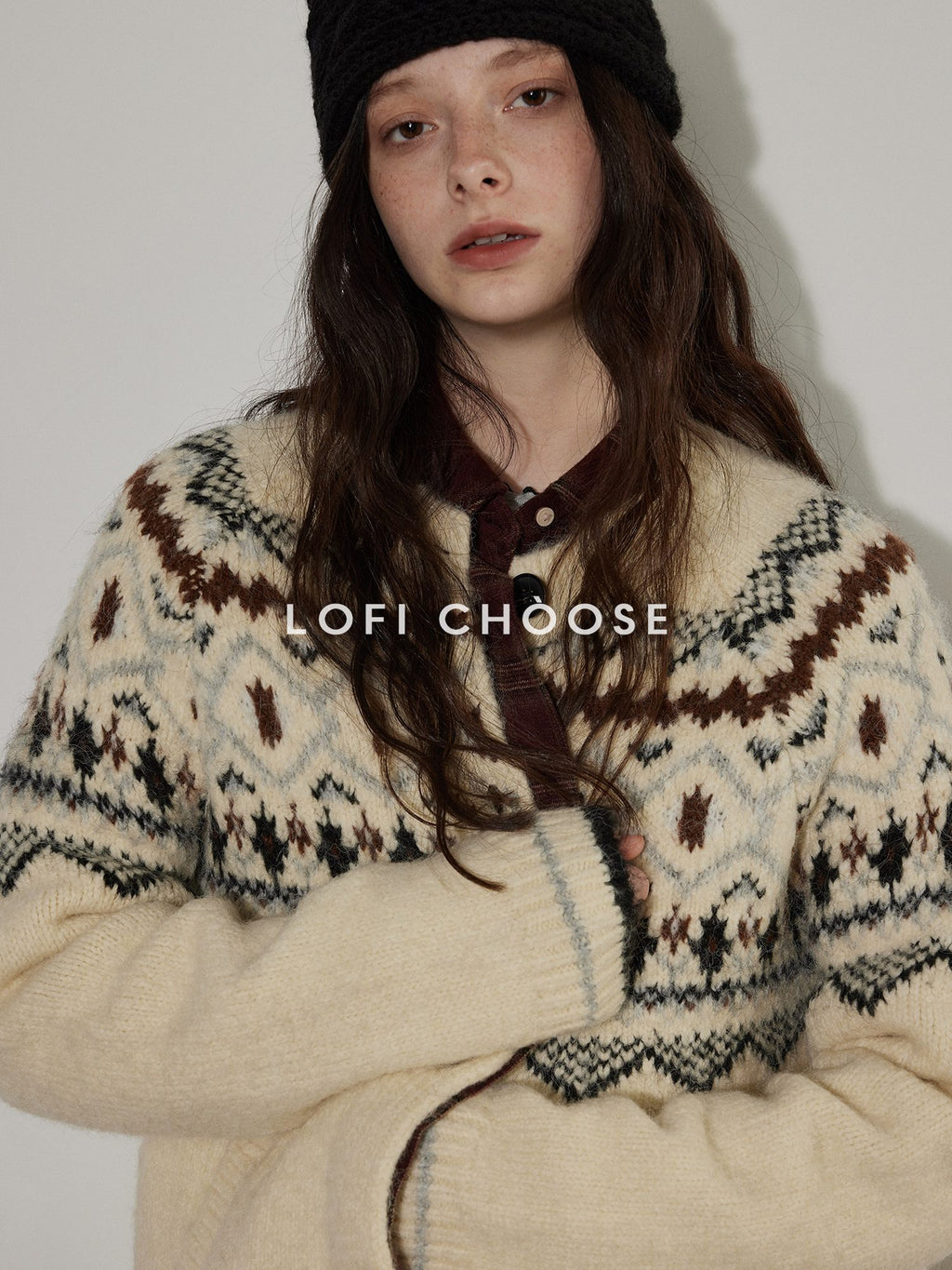 Lofi choose Soft Thick Knit Retro Geometric Button Front Round Neck Women Cream Cardigans