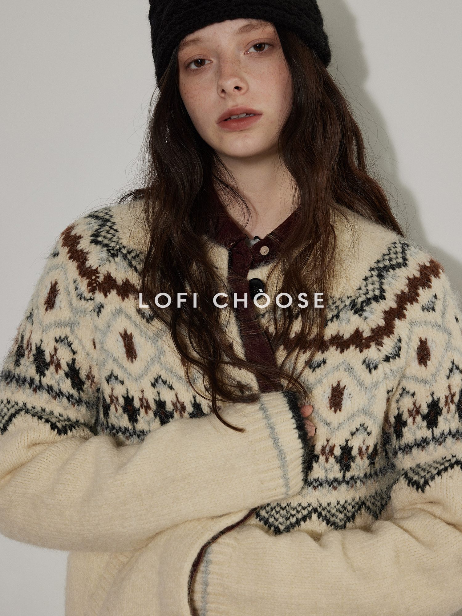 Lofi choose Soft Thick Knit Retro Geometric Button Front Round Neck Women Cream Cardigans