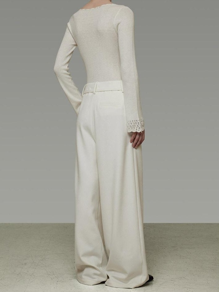 unspoken High Waist Drawstring Minimalist Breathable White Women Wide Leg Pants