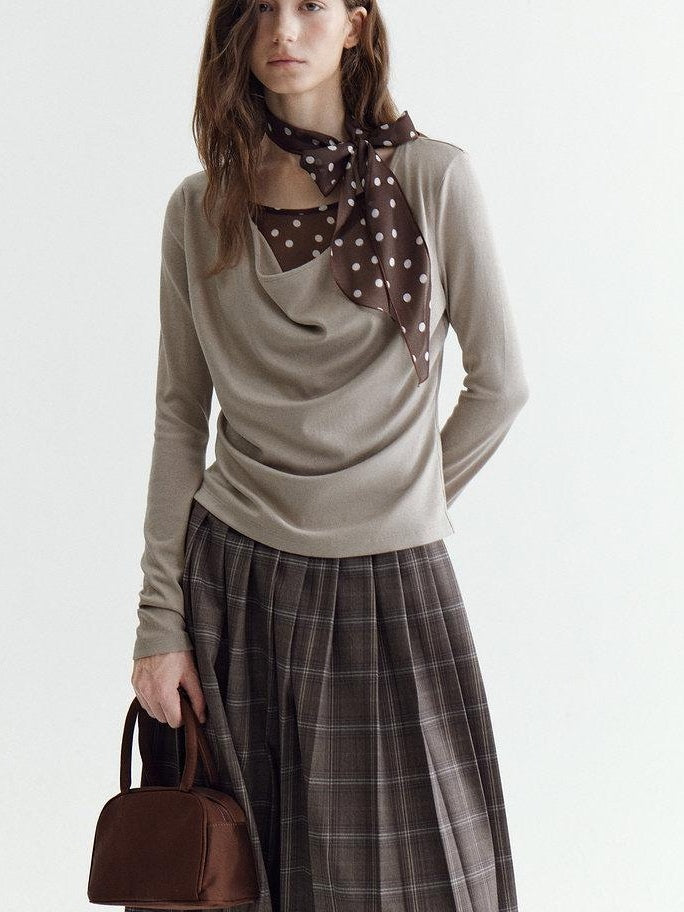 fano Soft Cotton Lyocell Polka Dot Mock Neck Layered Look Long Sleeve T-Shirts