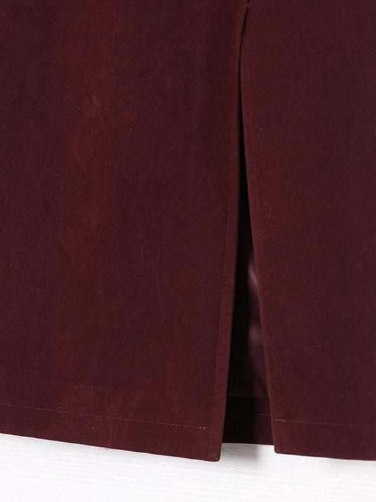 audreyyang Silky Polyester Blend Back Slit Slim Pencil Mid Rise Women Black Midi Skirts