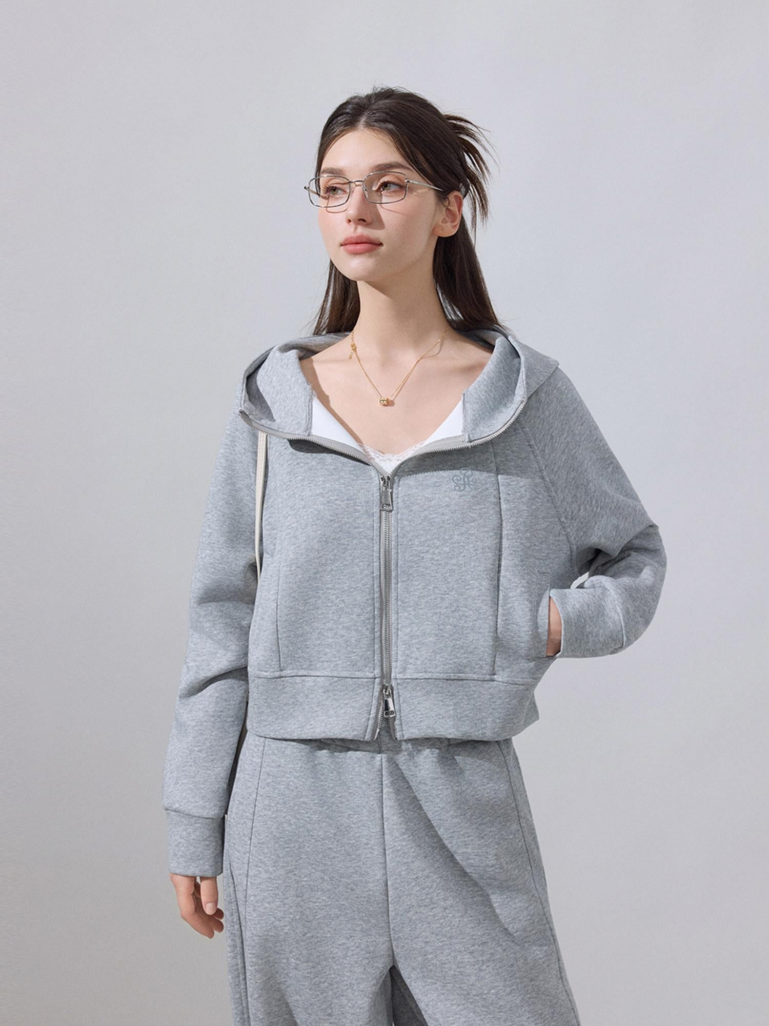 ikyou Embroidered Hooded Cropped Zipper Casual Women Cotton Blend Top & Pants Sets