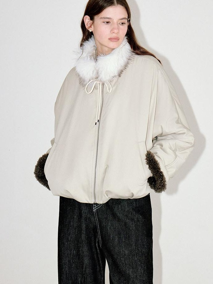 fano Cozy Insulated Korean Commuter Loose Fit Stand Collar Beige Grey Puffer Jackets