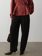 audreyyang Soft Poly Viscose Drape Casual Natural Waist Zip Fly Women Black Wide Leg Pants