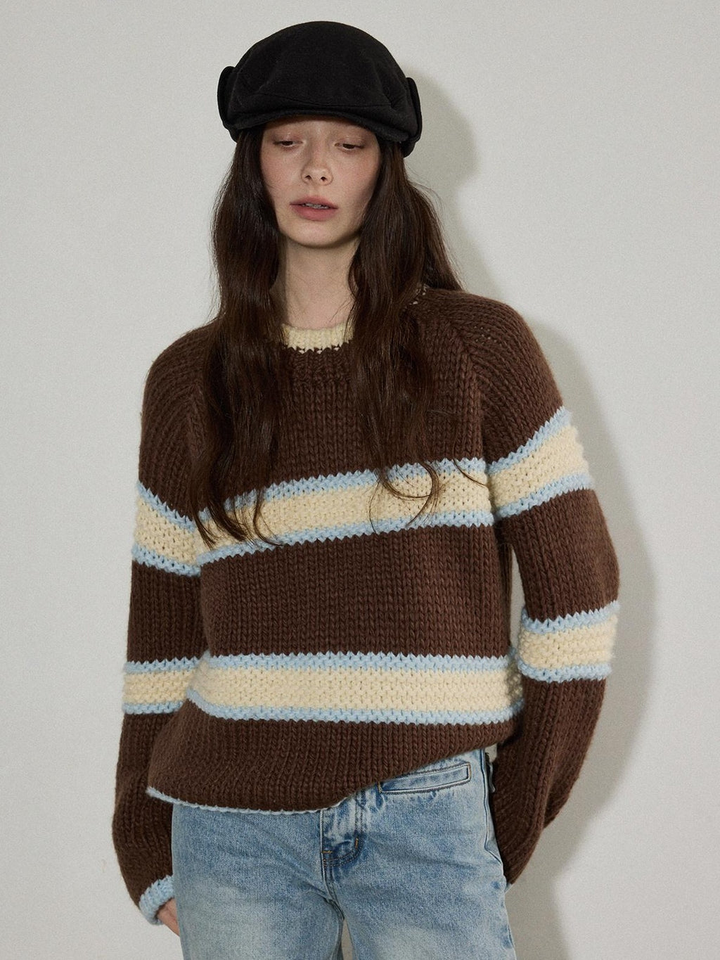 Lofi choose Cozy Acrylic Wool Colorblock Loose Fit Raglan Crewneck Striped Knit Sweaters