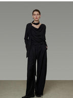 unspoken Breathable Minimalist Loose Fit Ribbon V-neck Office Women Solid Black Blouses