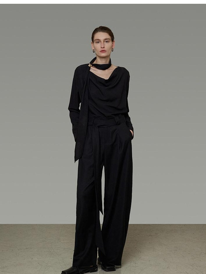 unspoken Breathable Minimalist Loose Fit Ribbon V-neck Office Women Solid Black Blouses