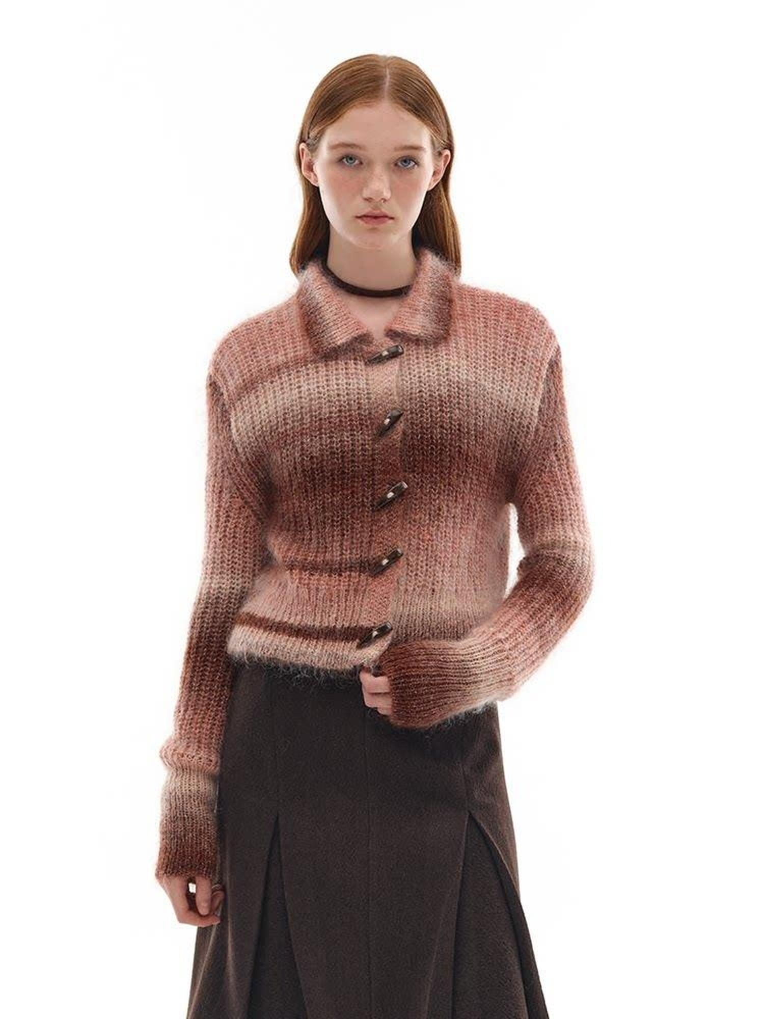 someone sometimes Soft Mohair Blend Lapel Collar Button Front Women Pink Brown Gradient Cardigans