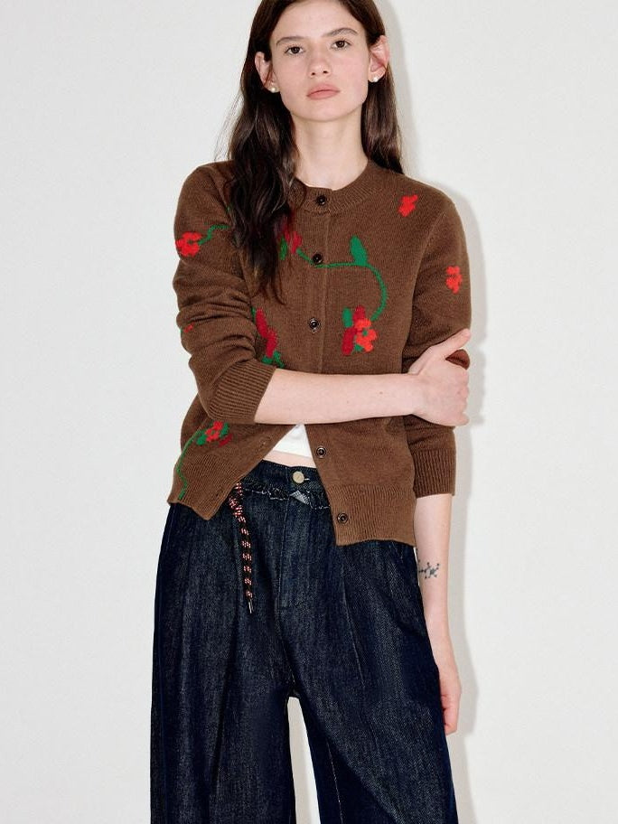 fano Soft Acrylic Blend Oversized Round Neck Single Row Button Women Brown Cardigans