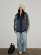 Lofi choose Cozy Wool Blend V-neck Button Front Relaxed Fit Heart Pattern Gray Cardigans