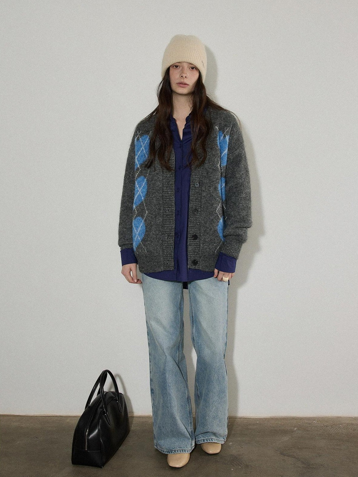 Lofi choose Cozy Wool Blend V-neck Button Front Relaxed Fit Heart Pattern Gray Cardigans