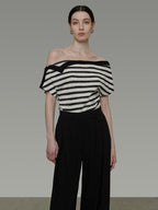 unspoken Soft Cotton Knit Striped Loose Minimalist Women Bardot Off Shoulder Crop Tops