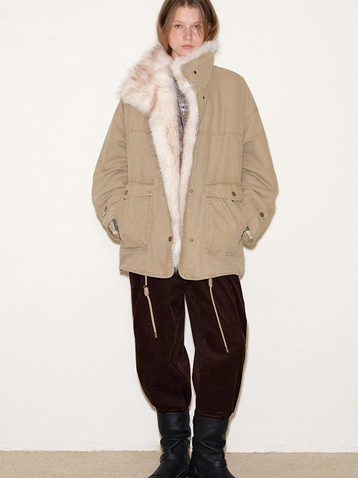 fano 90% White Duck Down Warm Korean Straight Washed Khaki Stand Collar Down Jackets