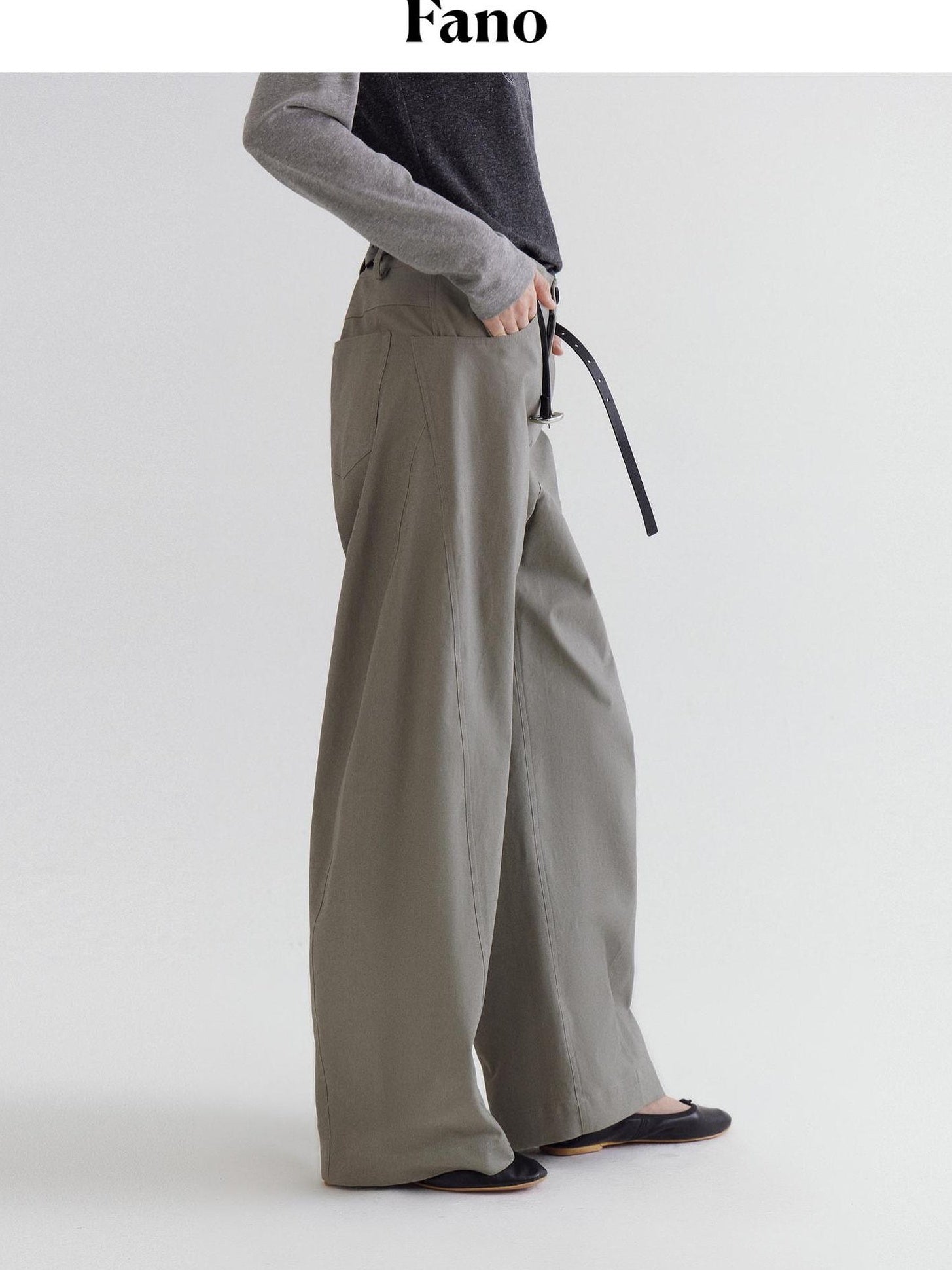 fano High Waist Cotton Pocket Loose Commuter Ladies Gray Green Wide Leg Pants