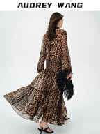 audreyyang Silk Blend Leopard Print A Line Fitted Waist Long Sleeve Vacation Maxi Dresses