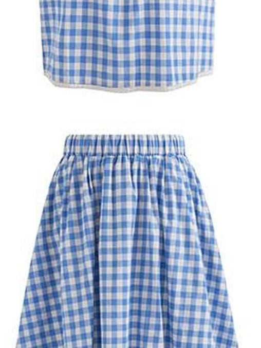 fano 100 Percent Cotton Round Neck Blue White Gingham Top & Skirt Sets