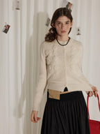Lofi choose Soft Pearl White Floral Knit Casual Relaxed Button Front Round Neck Women Cardigans