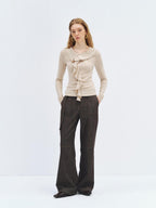 someonesometimes Soft Stretch Knit Slim Fit Casual V-neck Women Sand Long Sleeve T-Shirts