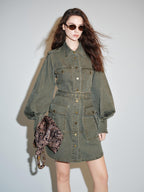 audreyyang 100 Percent Cotton Loose Casual Long Sleeve Military Green Denim Jackets