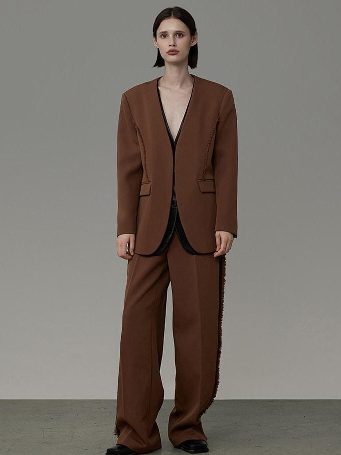 unspoken High Cotton Blend Minimalist Tailored Contrast Brown Black Women Top & Pants Sets