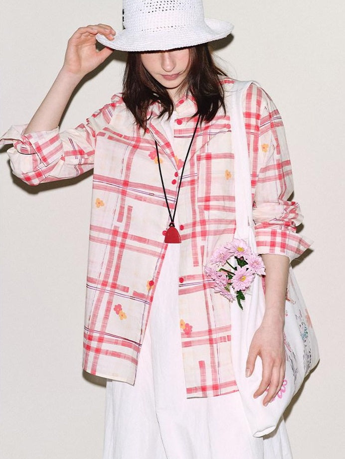 fano Breathable Cotton Loose Korean Red White Plaid Long Sleeve Women Shirts
