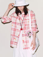 fano Breathable Cotton Loose Korean Red White Plaid Long Sleeve Women Shirts
