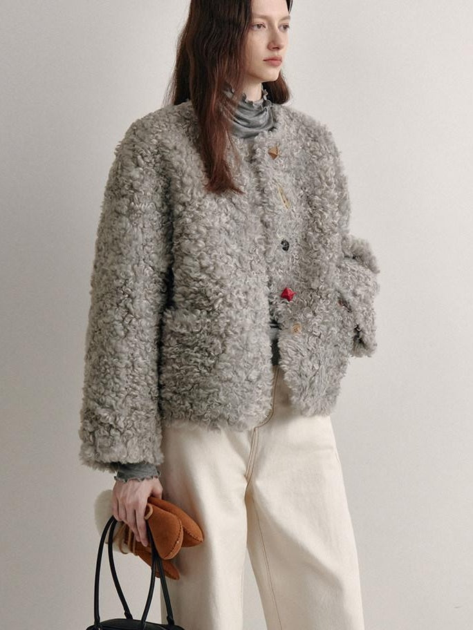 fano Faux Fur Straight Cut Minimal Workwear Women Gray Khaki Short Coat
