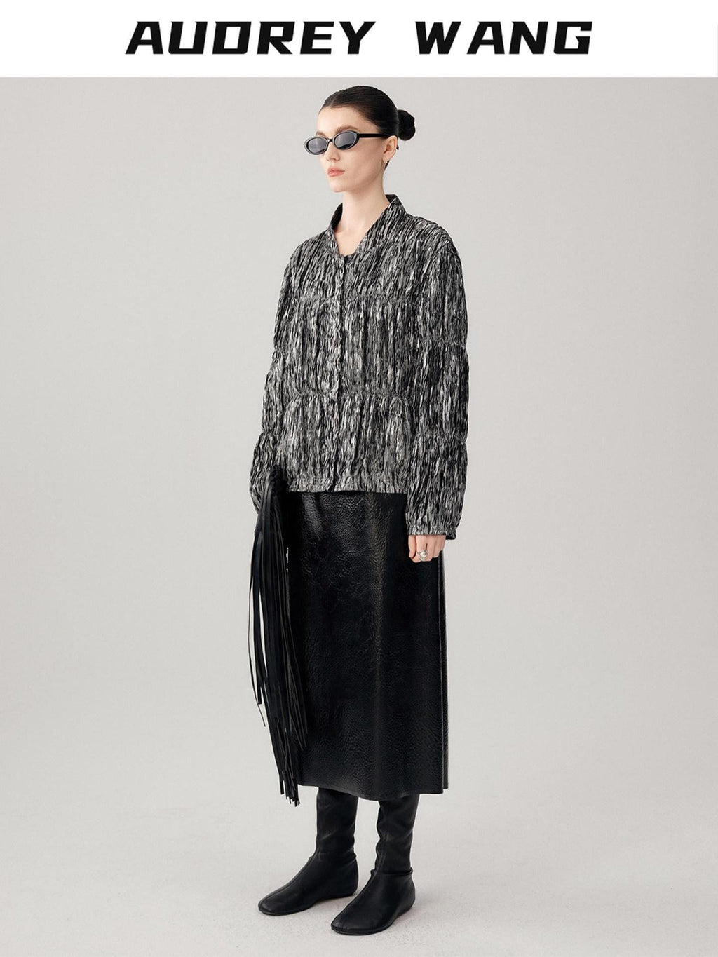 audreyyang Original Design Pleated Loose Fit Womens Cropped Silver Bomber Jackets