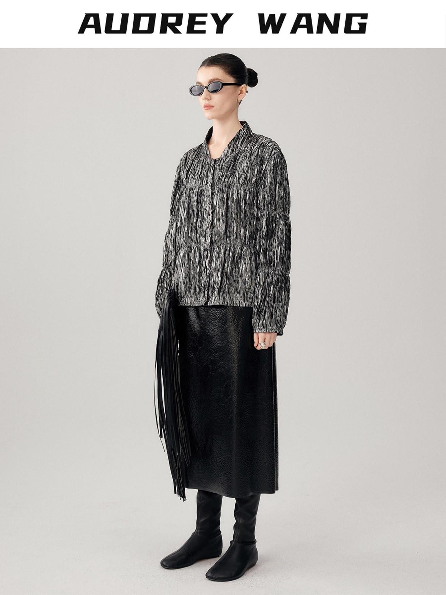 audreyyang Original Design Pleated Loose Fit Womens Cropped Silver Bomber Jackets