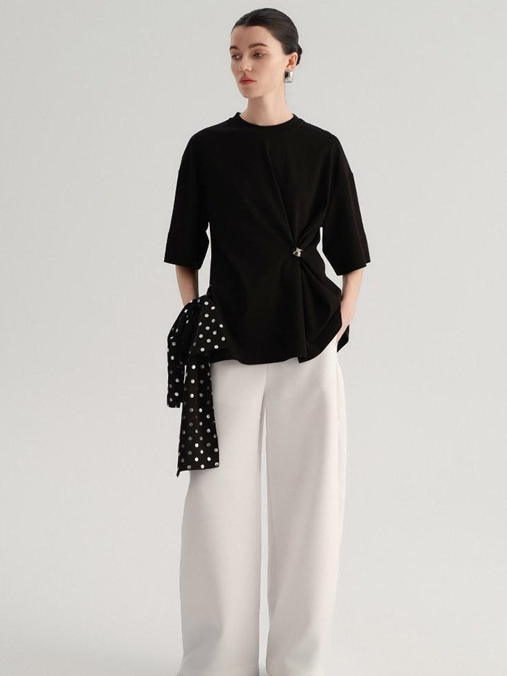 audreyyang Smart Office Natural Waist Zip Fly Polyester Blend Black White Straight Pants