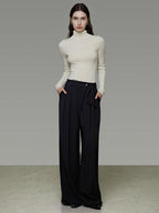 unspoken High Waist Tie Detail Minimalist Breathable Office Black Polyester Wide Leg Pants