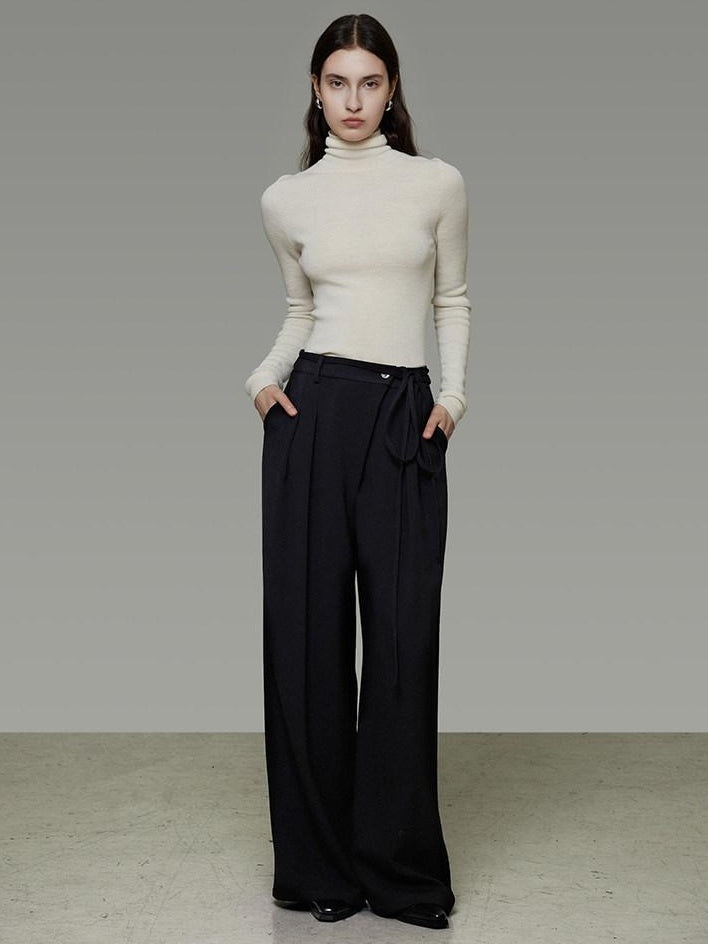 unspoken High Waist Tie Detail Minimalist Breathable Office Black Polyester Wide Leg Pants