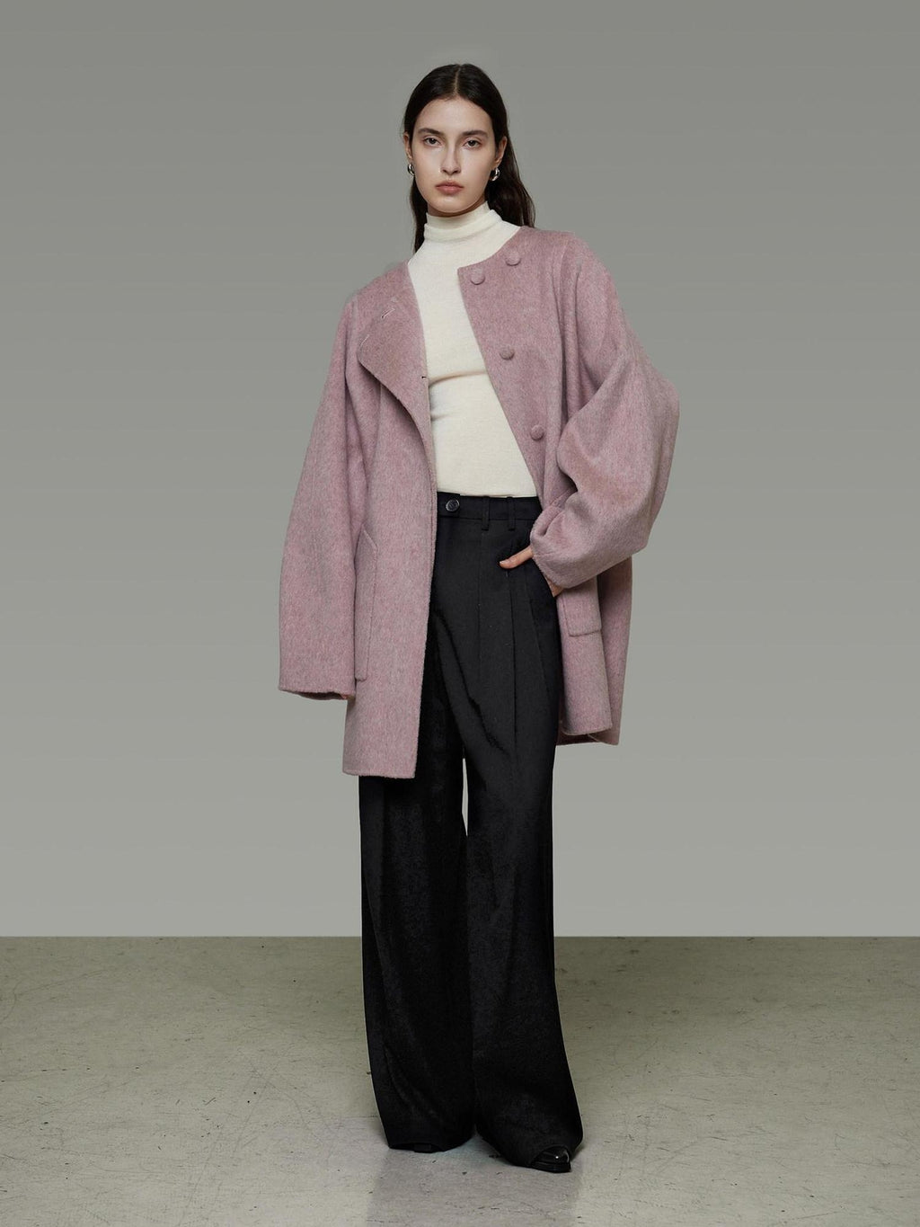 unspoken Pure Wool Loose Fit Minimal Office Midlength Single Button Women Wool Coats