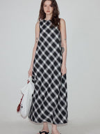 fano Plaid Sleeveless A Line Natural Waist Korean Office Casual Maxi Dresses