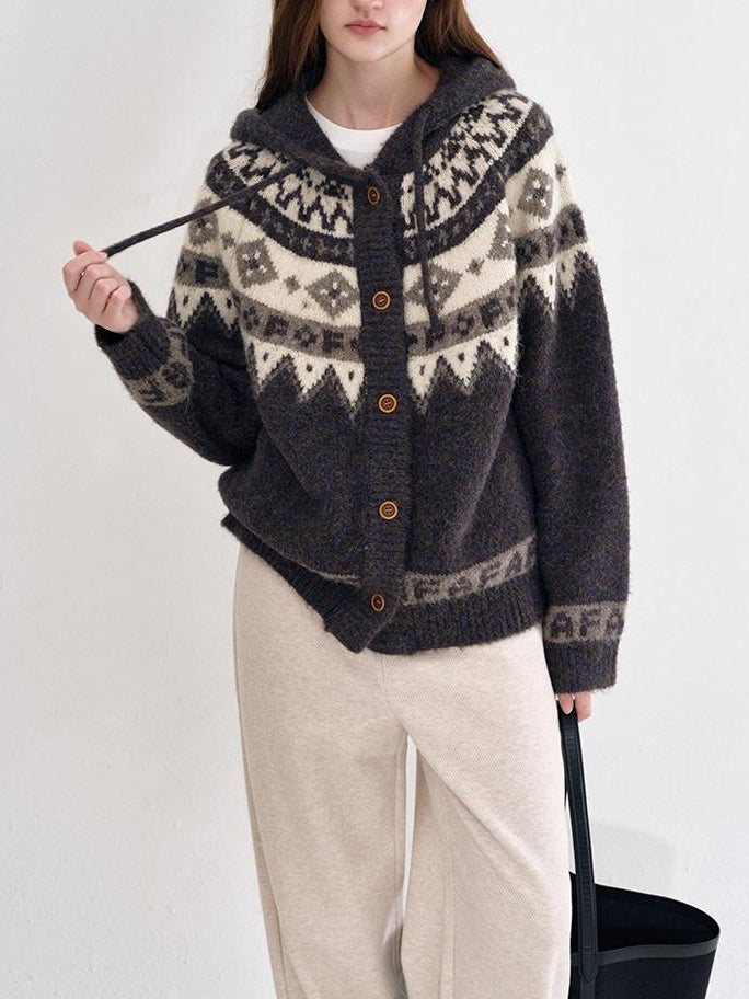 fano Cozy Hooded Jacquard Loose Fit Casual Long Sleeve Knit For Young Women Cardigans