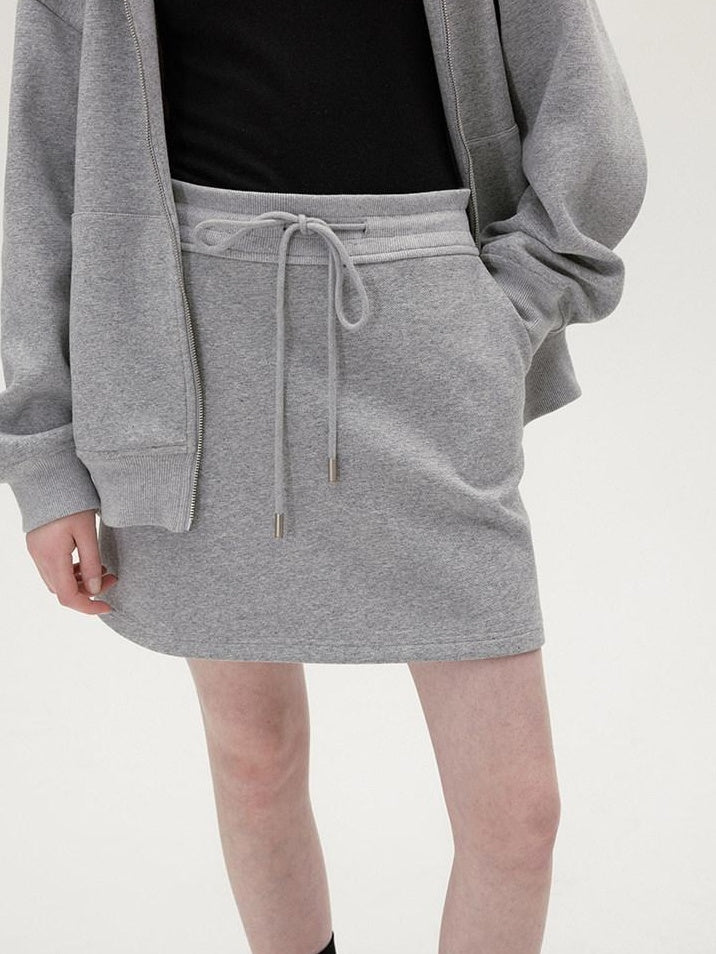fano Hooded Zip Cotton Blend Loose Fit Minimalist Commuter Gray Top & Skirt Sets