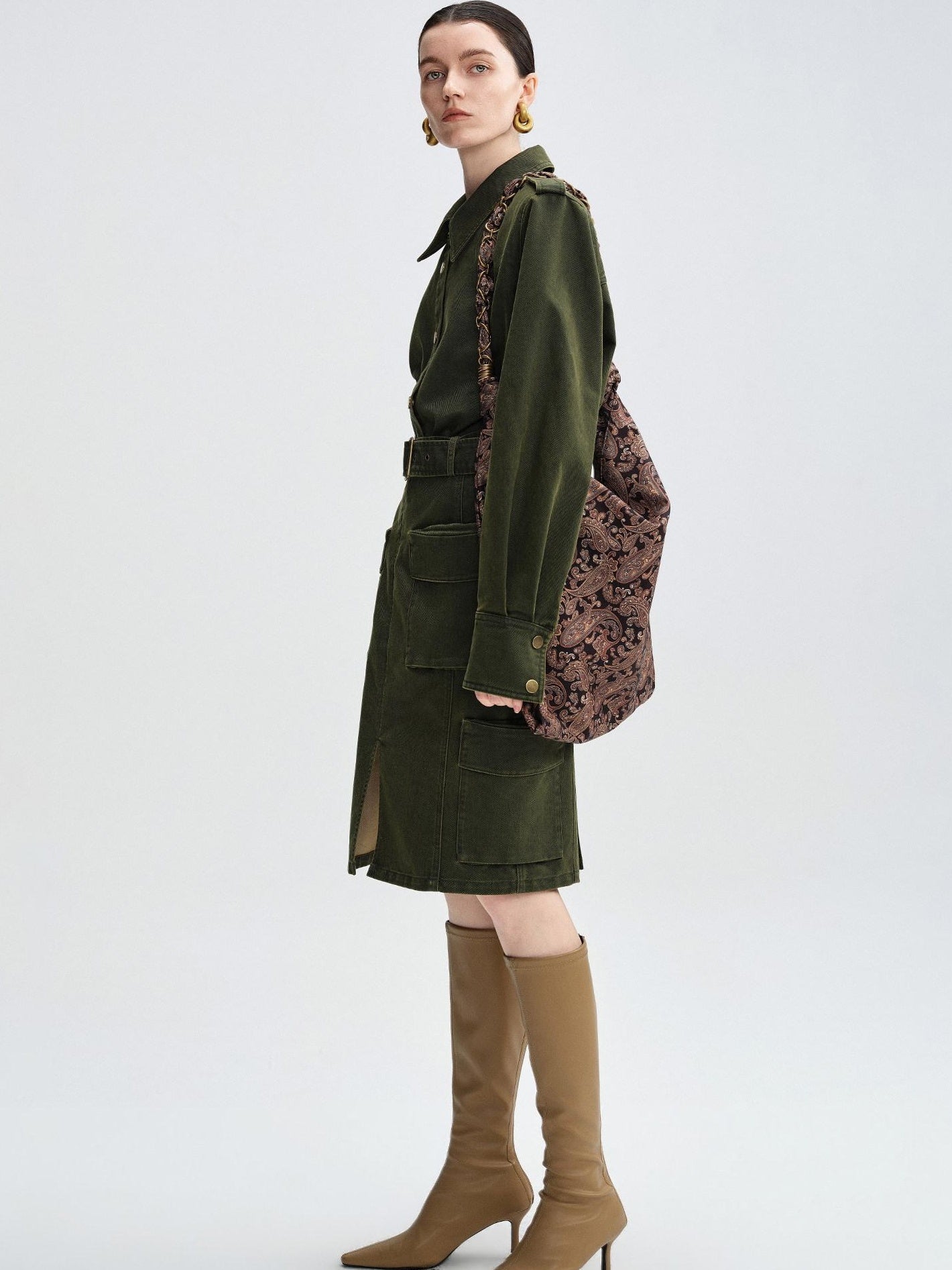 audreyyang Thick Cotton Cinched Waist Vintage Long Sleeve Army Green Top & Skirt Sets