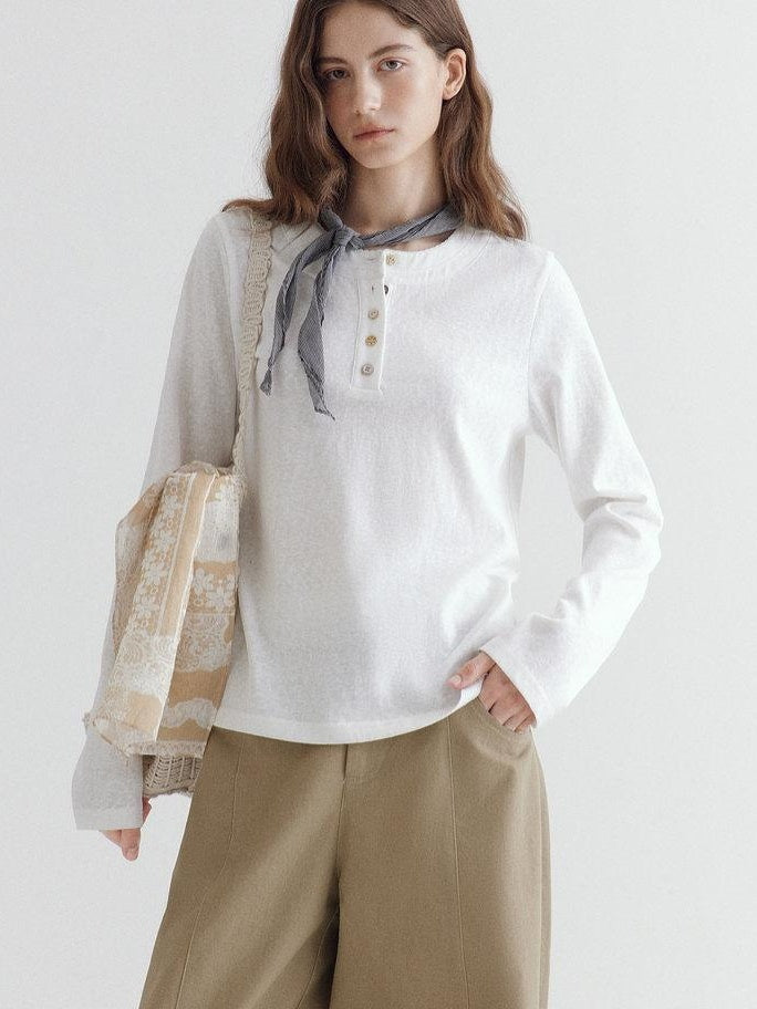 fano Soft Cotton Blend Round Neck Minimal Commuter Women White Long Sleeve T-Shirts