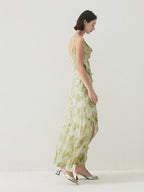 someone sometimes Viscose Asymmetric Ruffle Hem Cinched Waist Aline Lake Green Maxi Dresses