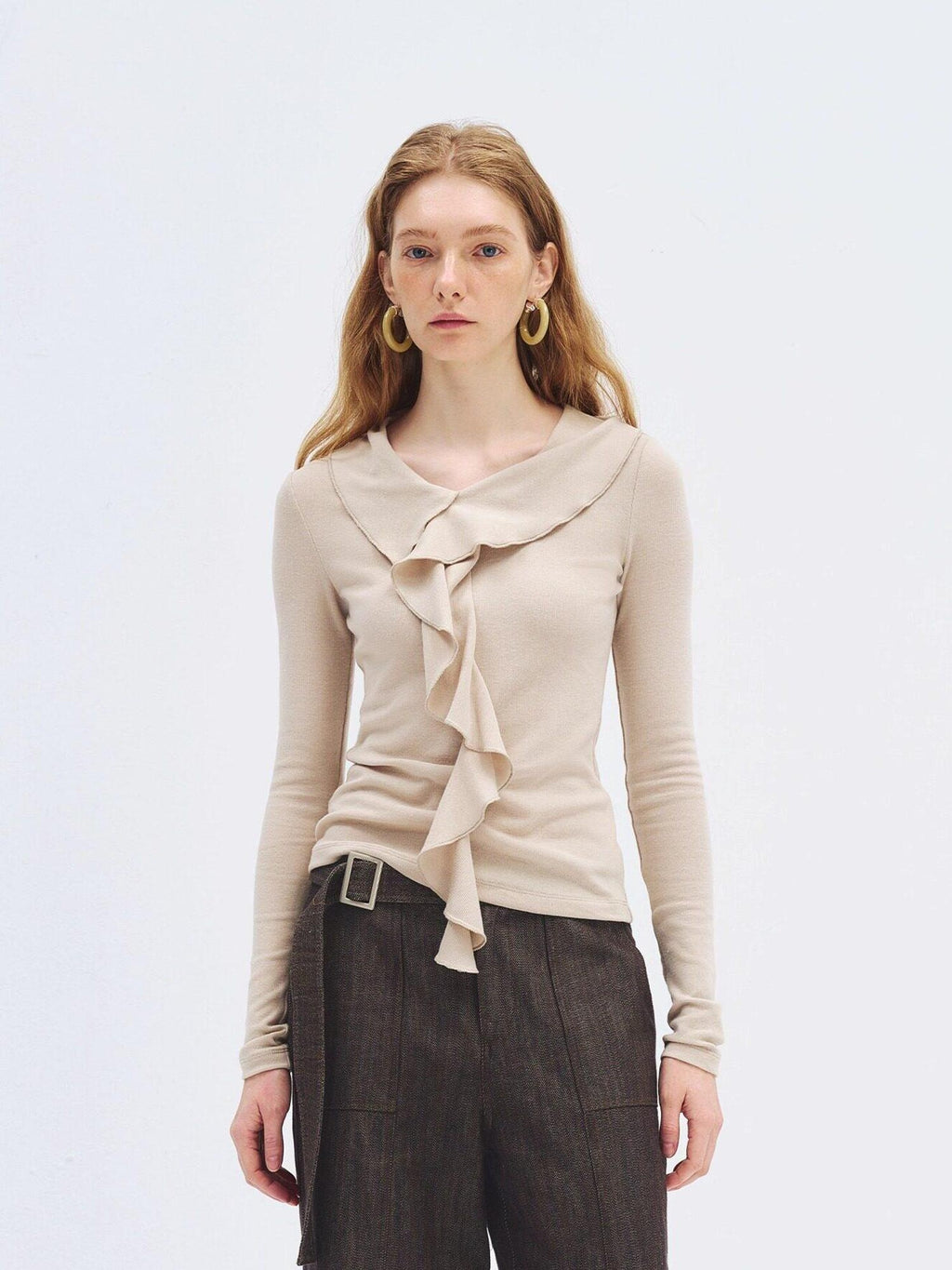 someonesometimes Soft Stretch Knit Slim Fit Casual V-neck Women Sand Long Sleeve T-Shirts