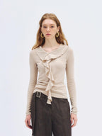 someonesometimes Soft Stretch Knit Slim Fit Casual V-neck Women Sand Long Sleeve T-Shirts