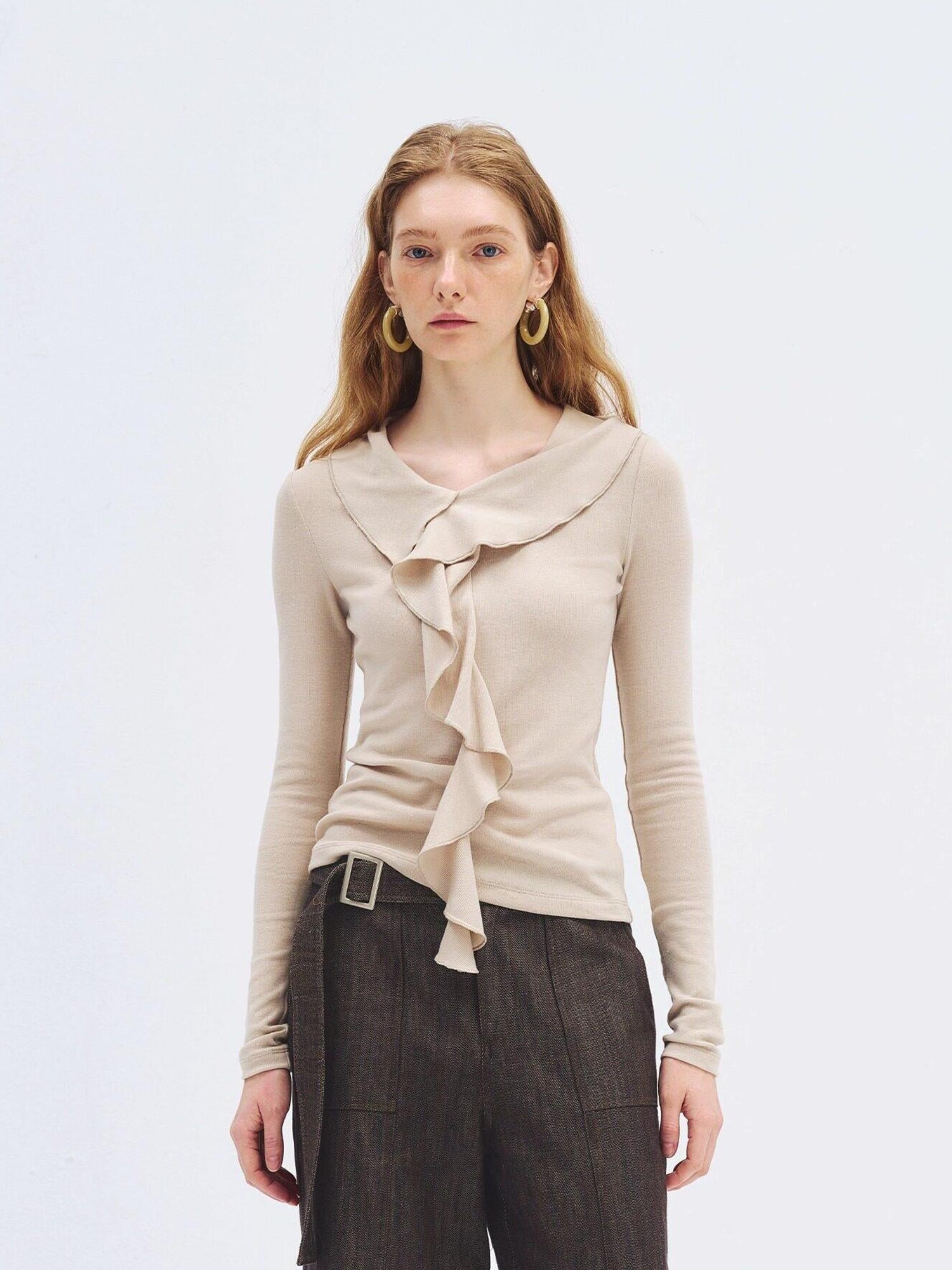 someonesometimes Soft Stretch Knit Slim Fit Casual V-neck Women Sand Long Sleeve T-Shirts
